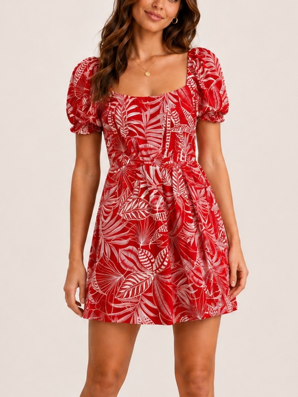 Banana Republic Red Tropical Leaf Print Mini Dress Puff Sleeve Resort Casual XS